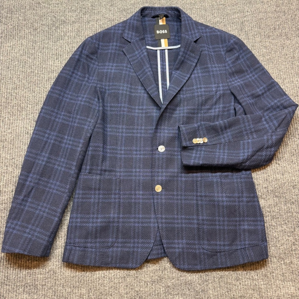 BOSS Hugo Boss Mens 40R Blue Plaid‎ Virgin Wool Blend 2 Button Sport Coat Blazer